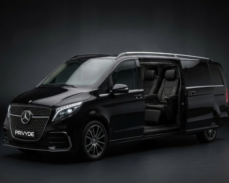 Mercedes-Benz V300 Atelier de Privyde con la puerta lateral abierta mostrando los asientos Executive Captain